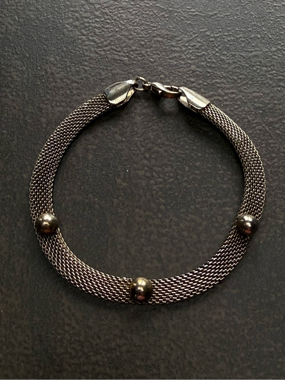 Mesh Chain Bracelet with Polished Bead Accents -Antique Silver